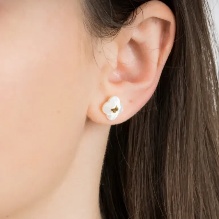 PUCES D'OREILLES OR JAUNE NACRE BLANCHE