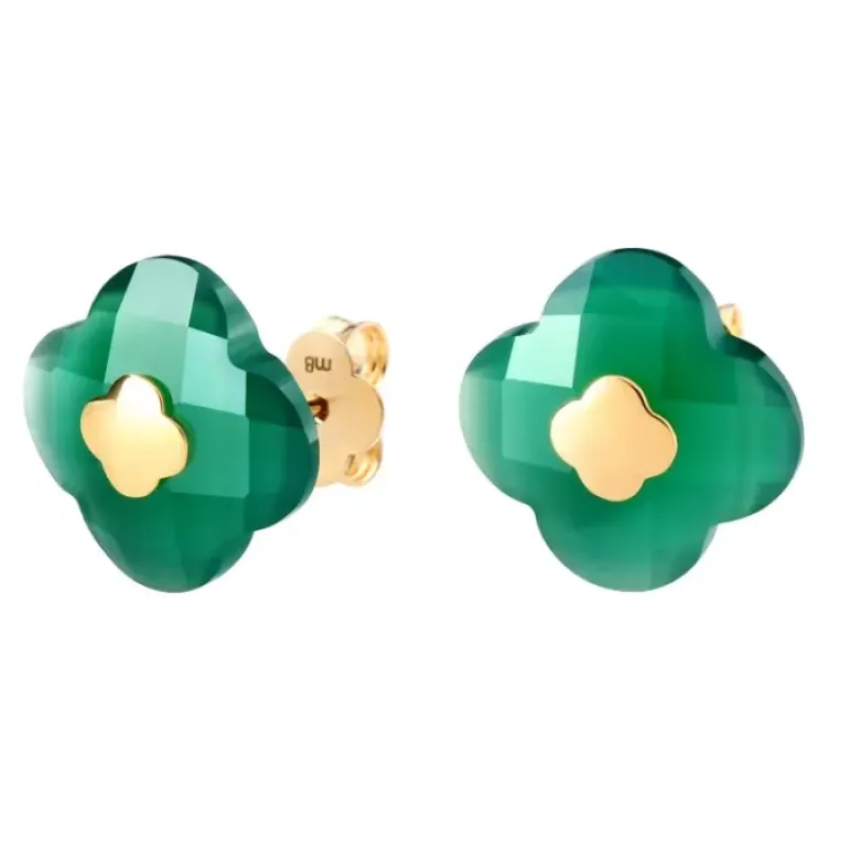 PUCES D'OREILLES OR JAUNE AGATE VERTE