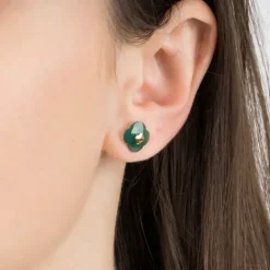 PUCES D'OREILLES OR JAUNE AGATE VERTE