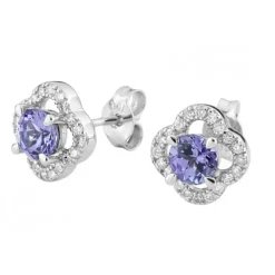 PUCES D'OREILLES TANZANITE SERTI DIAMANTS OR BLANC
