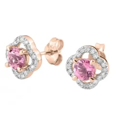 PUCES D'OREILLES TOURMALINE ROSE SERTI DIAMANTS OR ROSE