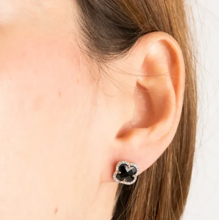 PUCES D'OREILLES VICTORIA DIAMANTS ONYX + DIAMANTS OR ROSE