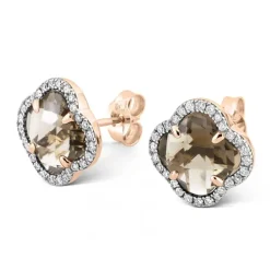 PUCES D'OREILLES VICTORIA DIAMANTS QUARTZ FUME + DIAMANTS OR ROSE