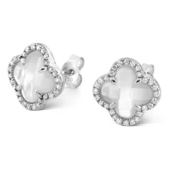 PUCES D'OREILLES VICTORIA DIAMANTS NACRE BLANCHE + DIAMANTS OR BLANC