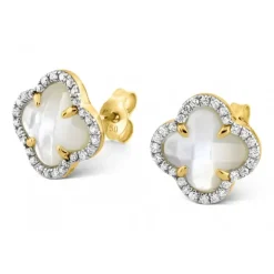 PUCES D'OREILLES VICTORIA DIAMANTS NACRE BLANCHE + DIAMANTS OR JAUNE