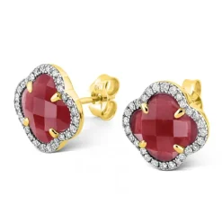 PUCES D'OREILLES VICTORIA DIAMANTS QUARTZ ROUGE + DIAMANTS OR JAUNE