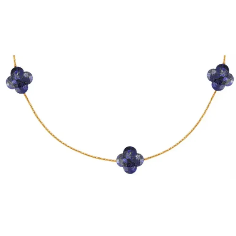 SAUTOIR OR JAUNE LAPIS LAZULI TREFLE