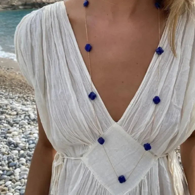 SAUTOIR OR JAUNE LAPIS LAZULI TREFLE